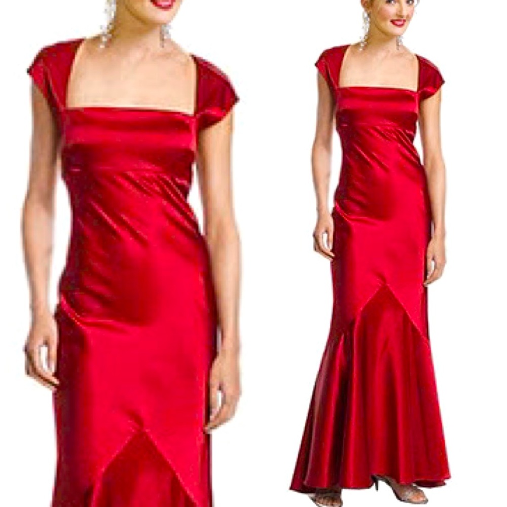 Ruby red square neckline satin mermaid gown